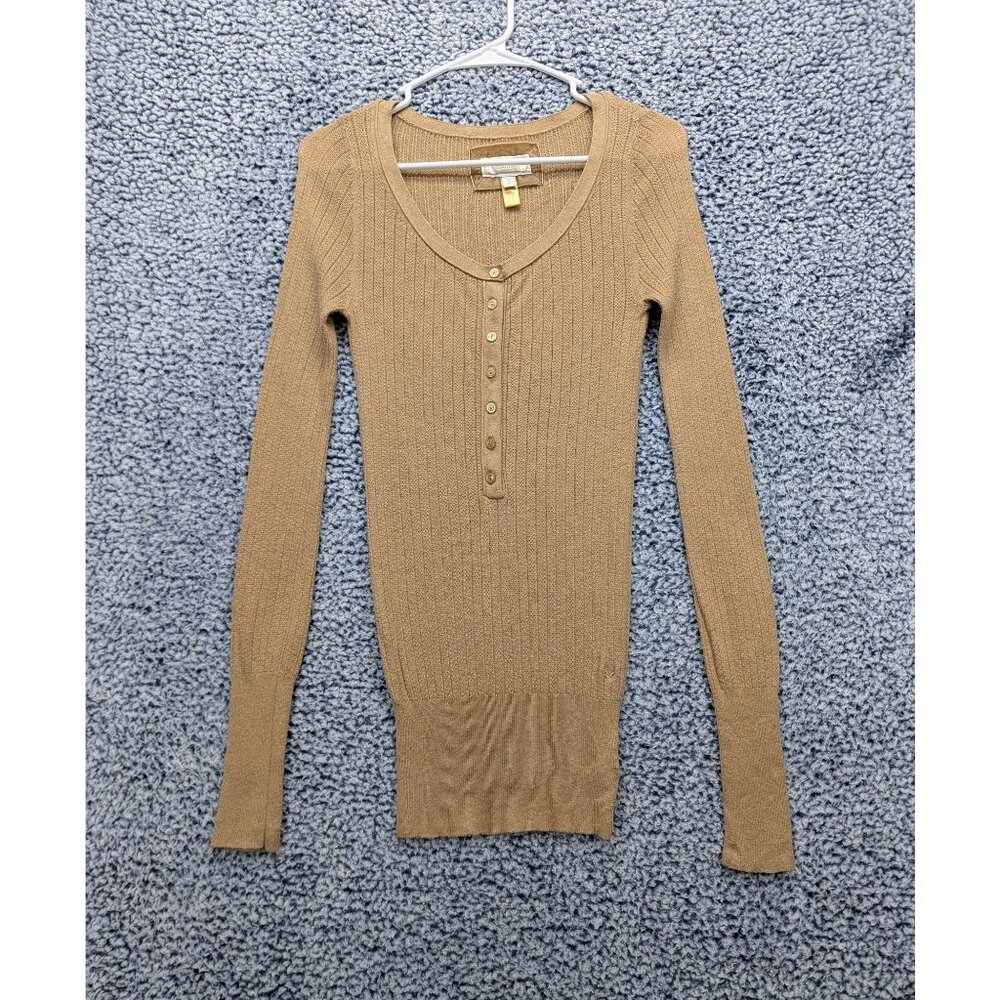 Bella Swan Y2K American Eagle V Neck Fitted Top Size M Ribbed Long Sleeve Tan